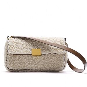Zara • Baguette Flap Handbag Shearling Shoulder Bag - Cream & Brown & Goldtone